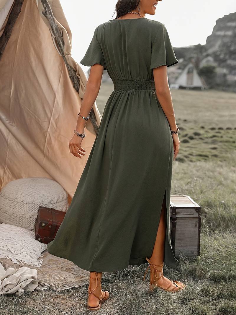 HEATHER | Elegant V-ringad lång bohemisk klänning