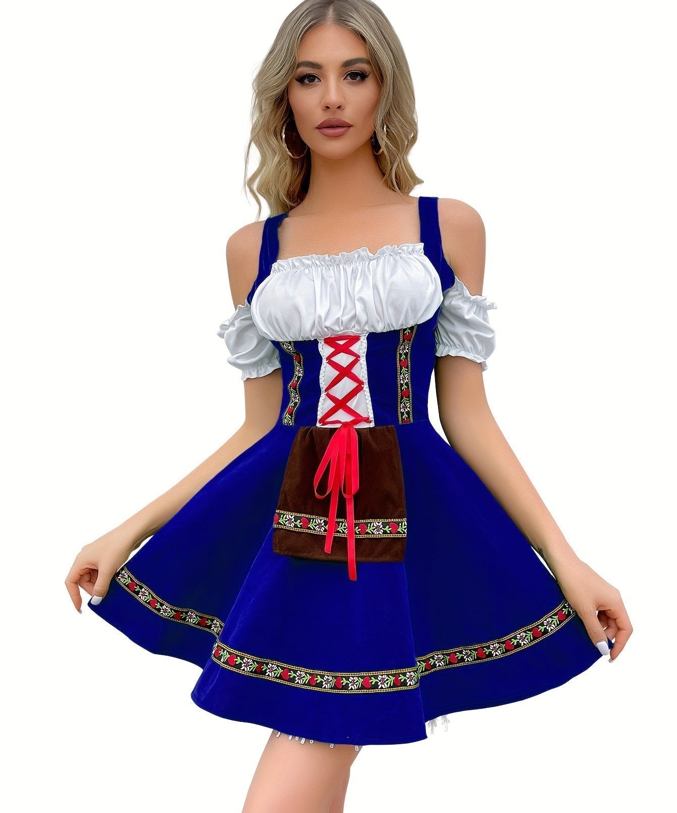 Damen Schulterfrei Blau Oktoberfest Dirndl Kleid 0