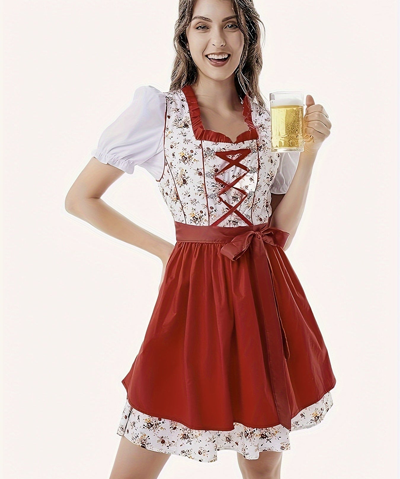 Damen Stilvolle Rot Oktoberfest Dirndl Kleid 0