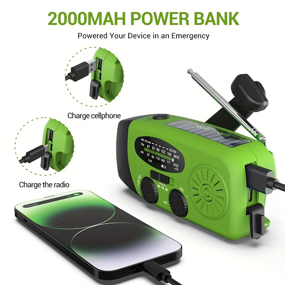 Kompaktes Notfallradio mit 2000mah Power Bank, Solar, Handkurbel und eingebaute Taschenlampe für die Verwendung im Freien 2