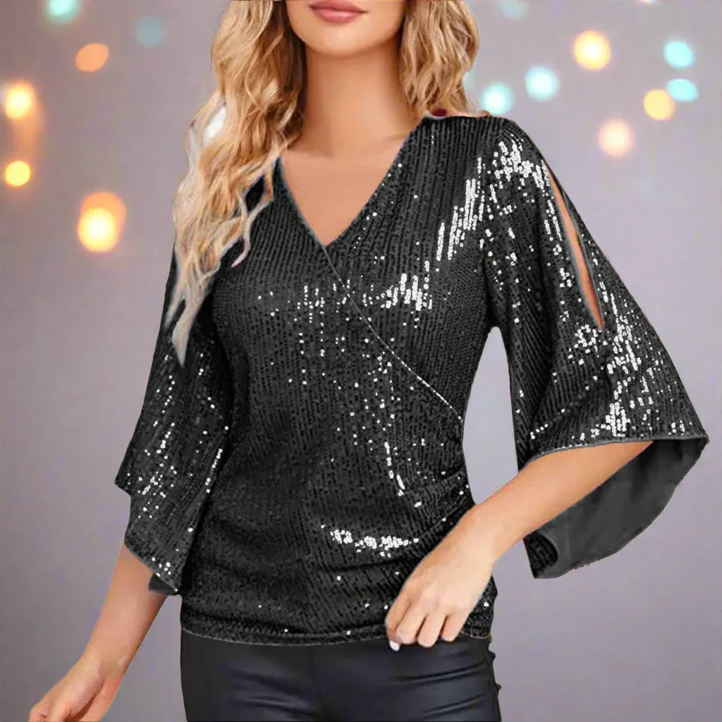 Nadine | Glittrande V-ringad blus med utsvängda ärmar