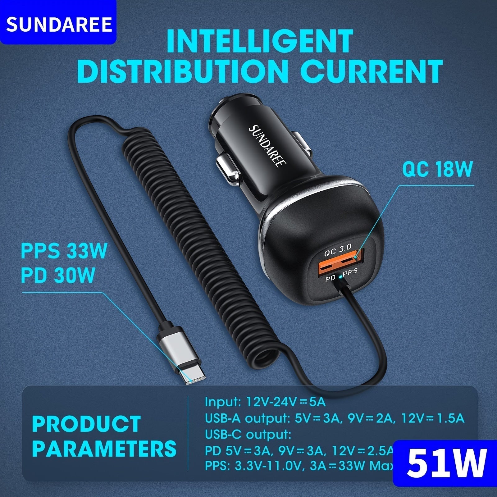 Schnelles USB-C-CAR-Ladegerät mit 51-W-Strom, 3 Ports und QC 3.0-Technologie für mehrere Geräteladungen 2