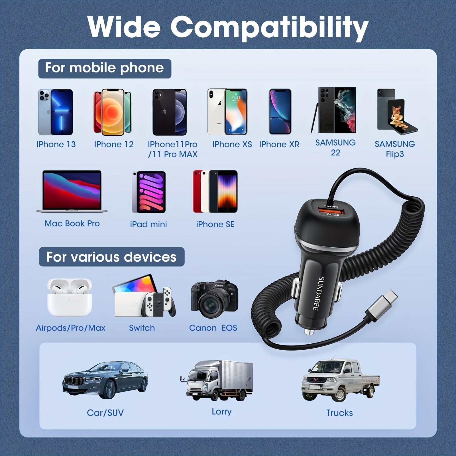 Schnelles USB-C-CAR-Ladegerät mit 51-W-Strom, 3 Ports und QC 3.0-Technologie für mehrere Geräteladungen 3