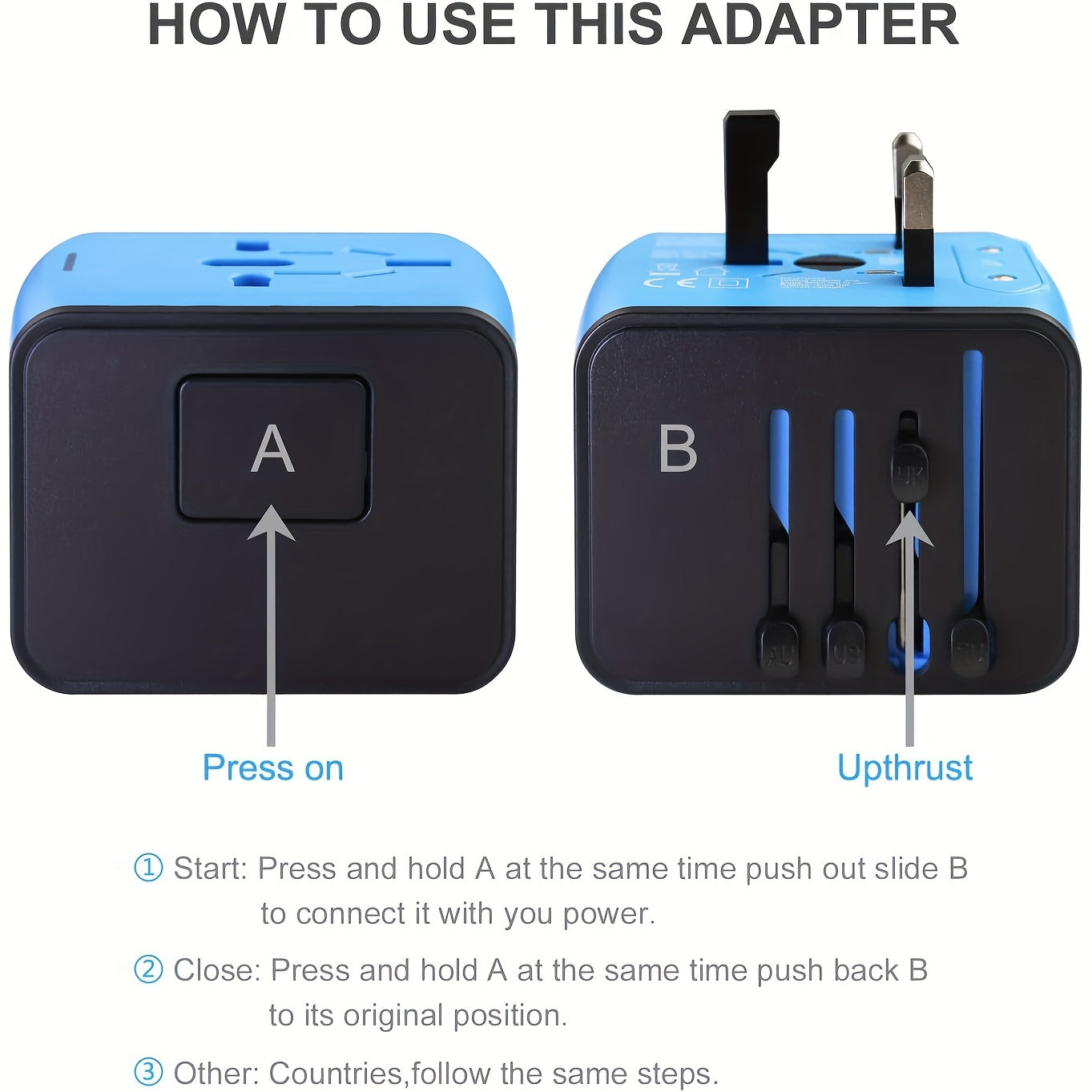Universeller Reiseadapter mit 4 USB-Anschlüssen und Typ-C-Globale Kompatibilität, schnelle Ladesicherheitsfunktionen 4