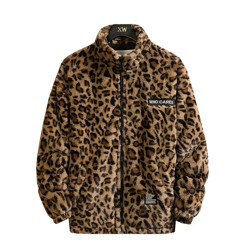 Långärmad jacka med leopardmönster, modemärke, löst hiphop-plagg
