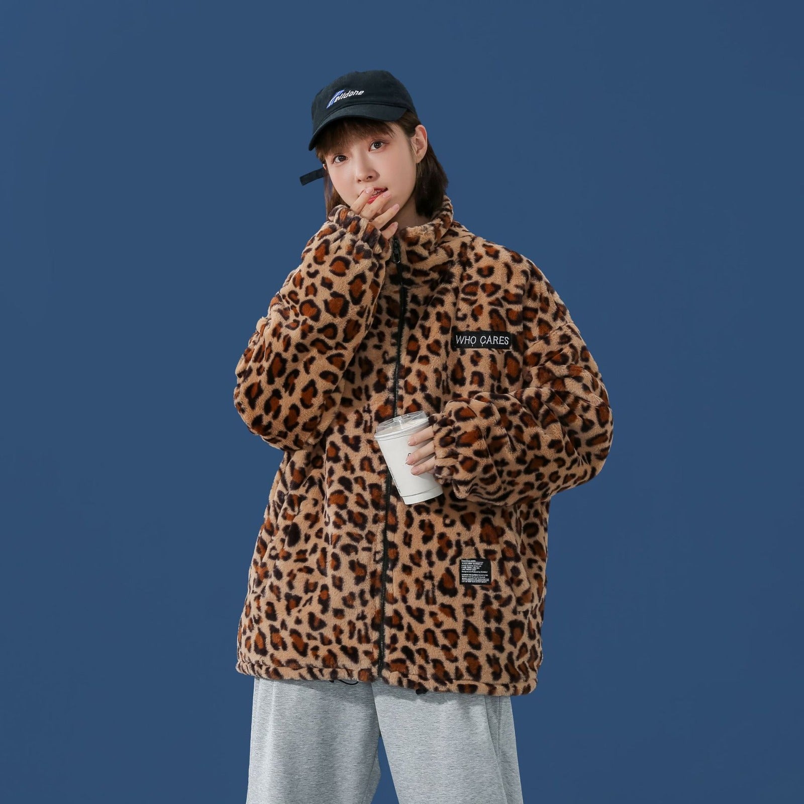 Långärmad jacka med leopardmönster, modemärke, löst hiphop-plagg