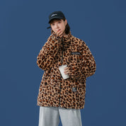 Långärmad jacka med leopardmönster, modemärke, löst hiphop-plagg