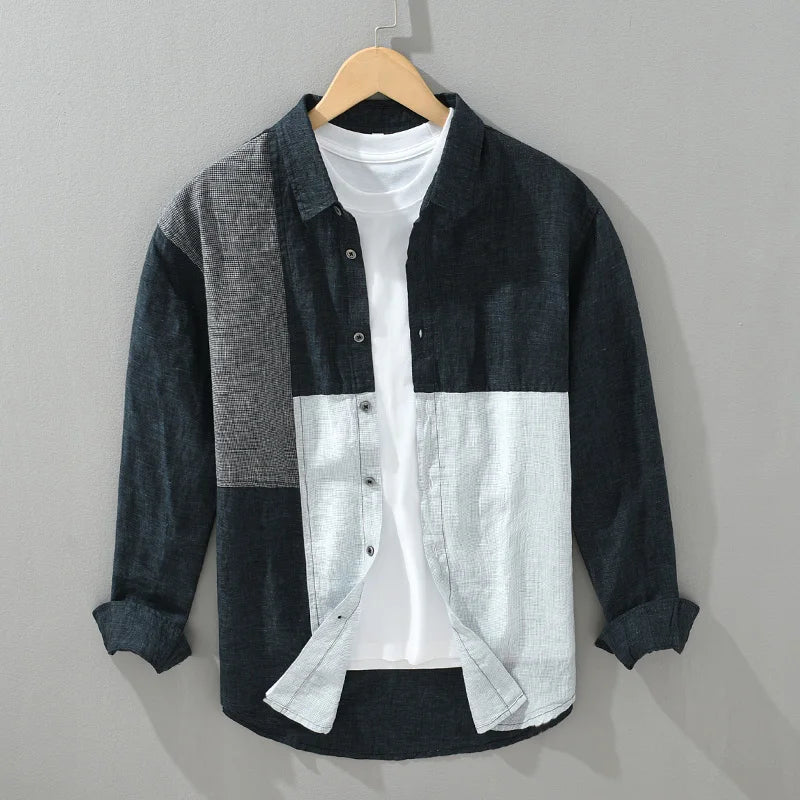 Herren Patchwork Leinenhemd – Atmungsaktiv & Stilvoll