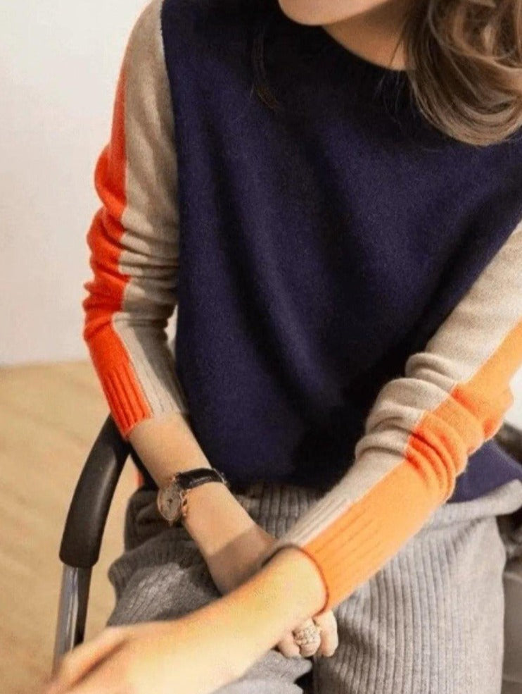Aquisha | Damenpullover mit Retro-Streifen in Marine und Orange