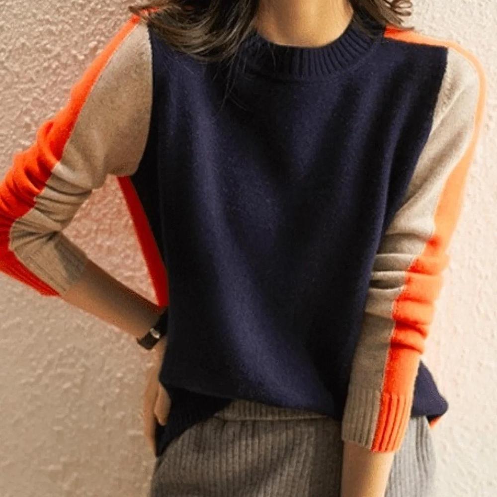 Aquisha | Damenpullover mit Retro-Streifen in Marine und Orange
