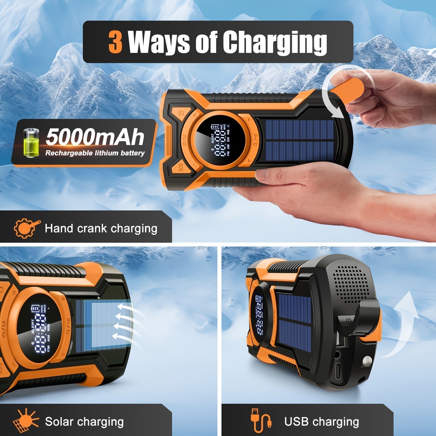 All-in-One-Notfallradio mit Handkurbel, Solarpanel, Taschenlampe und USB-Ladegerät-ideal für Camping und Nutzung im Freien 5