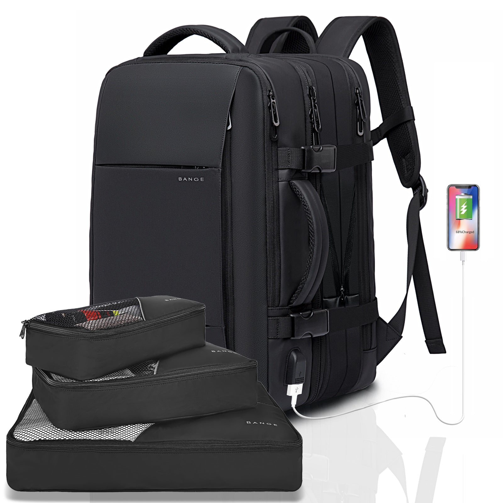 BANGE 35–45 l Reiserucksack, Handgepäck-Rucksack, strapazierfähige, umwandelbare Reisetasche, passend für 17,3-Zoll-Laptops, für Männer und Frauen 0