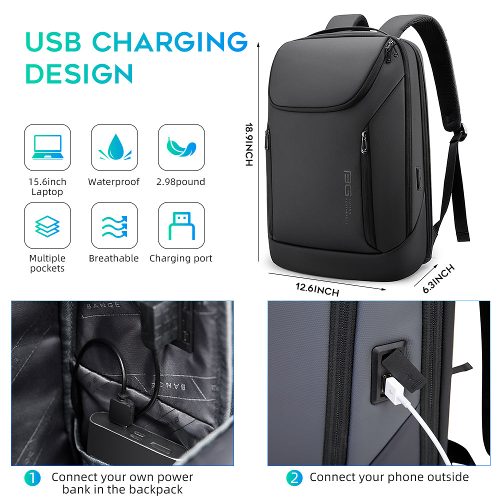 BANGE Business Wasserdichter Rucksack Geeignet für 15,6 Zoll Laptop Rucksack mit USB-Aufladung 3