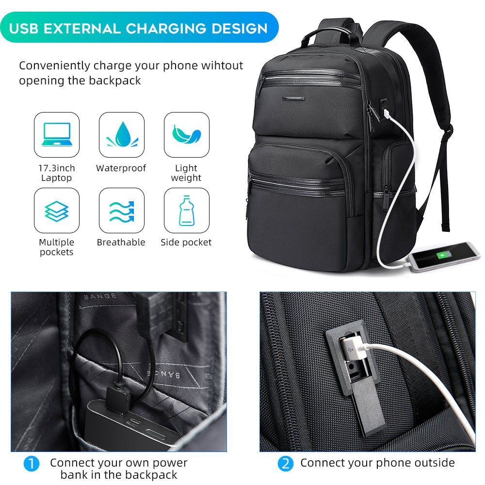 BANGE Laptop-Rucksack für Herren, Business-Reiserucksäcke mit USB-Ladeanschluss, Weekender-Handgepäck-Rucksack 4