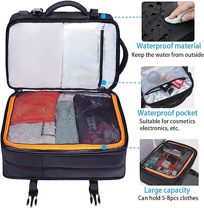 BANGE Weekender-Handgepäck-Rucksack, 45 l erweiterbarer Reiserucksack für Flugzeuge, umwandelbarer Rucksack-Aktenkoffer für unterwegs, wasserabweisender 17,3-Zoll-Laptop-Rucksack für Männer und Frauen … 4