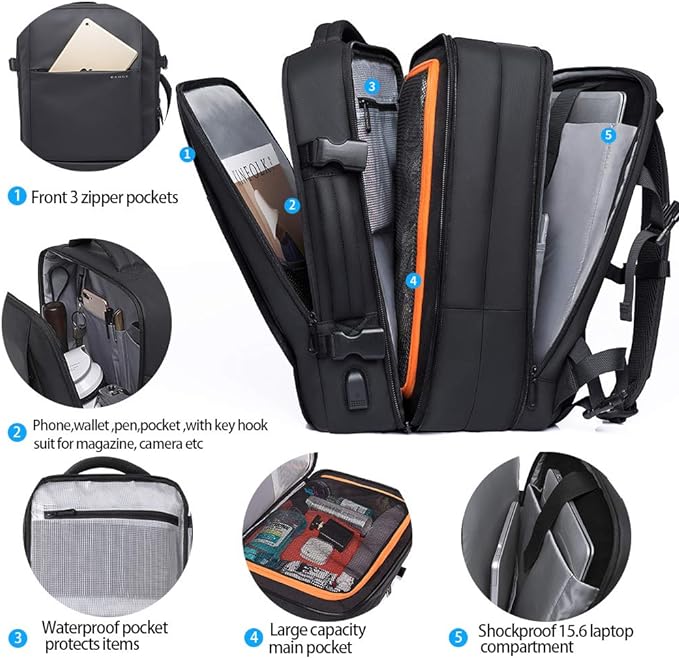 BANGE Weekender-Handgepäck-Rucksack, 45 l erweiterbarer Reiserucksack für Flugzeuge, umwandelbarer Rucksack-Aktenkoffer für unterwegs, wasserabweisender 17,3-Zoll-Laptop-Rucksack für Männer und Frauen … 1