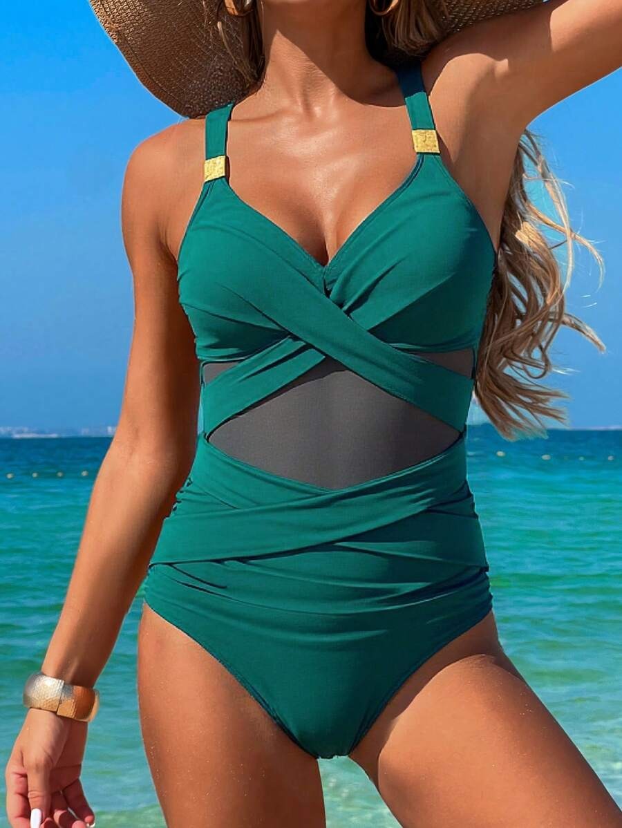Cross Front Mesh Badeanzug für die Sommereleganz 0