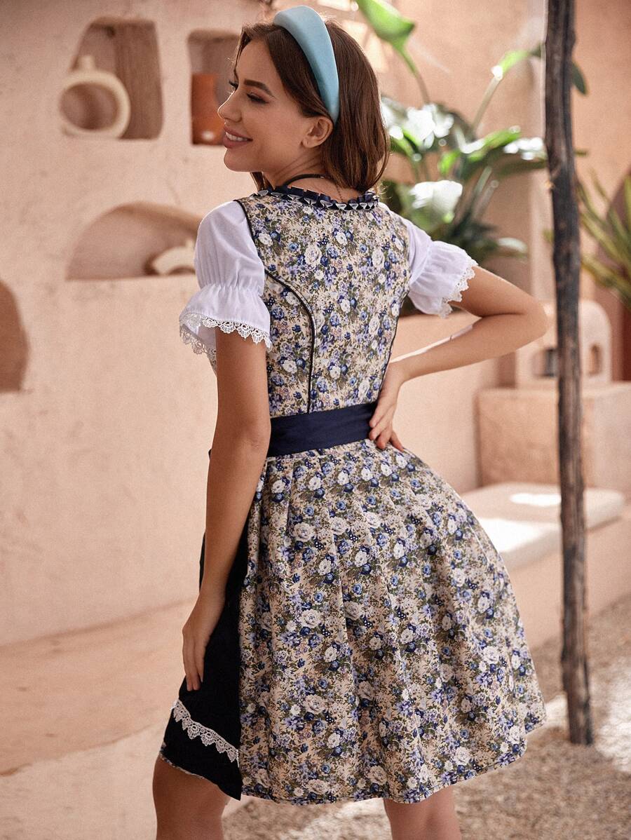 Damen Blumenmuster Oktoberfest Dirndl Kleid 1