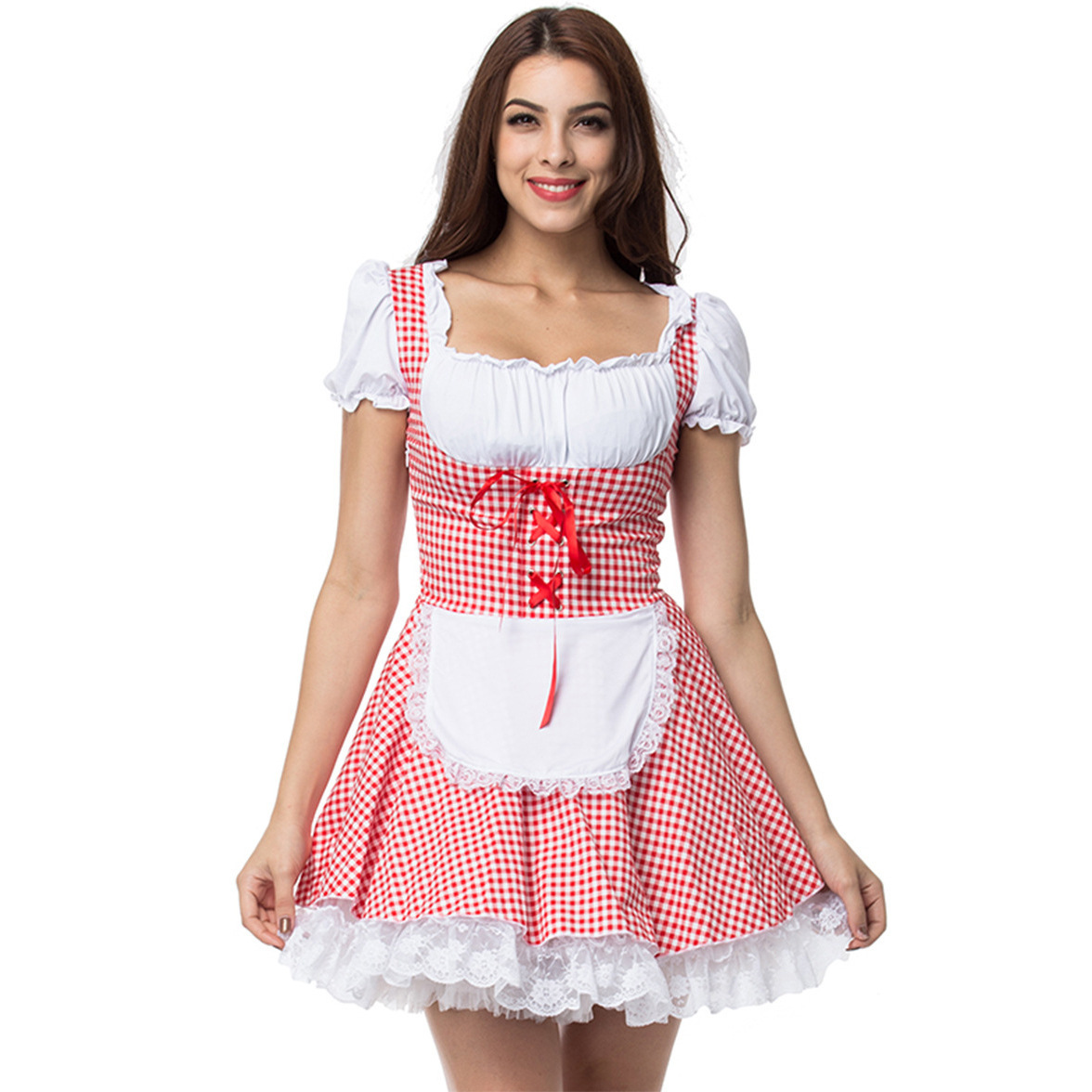 Damen Kariert Schulterfrei Oktoberfest Dirndl Kleid 1