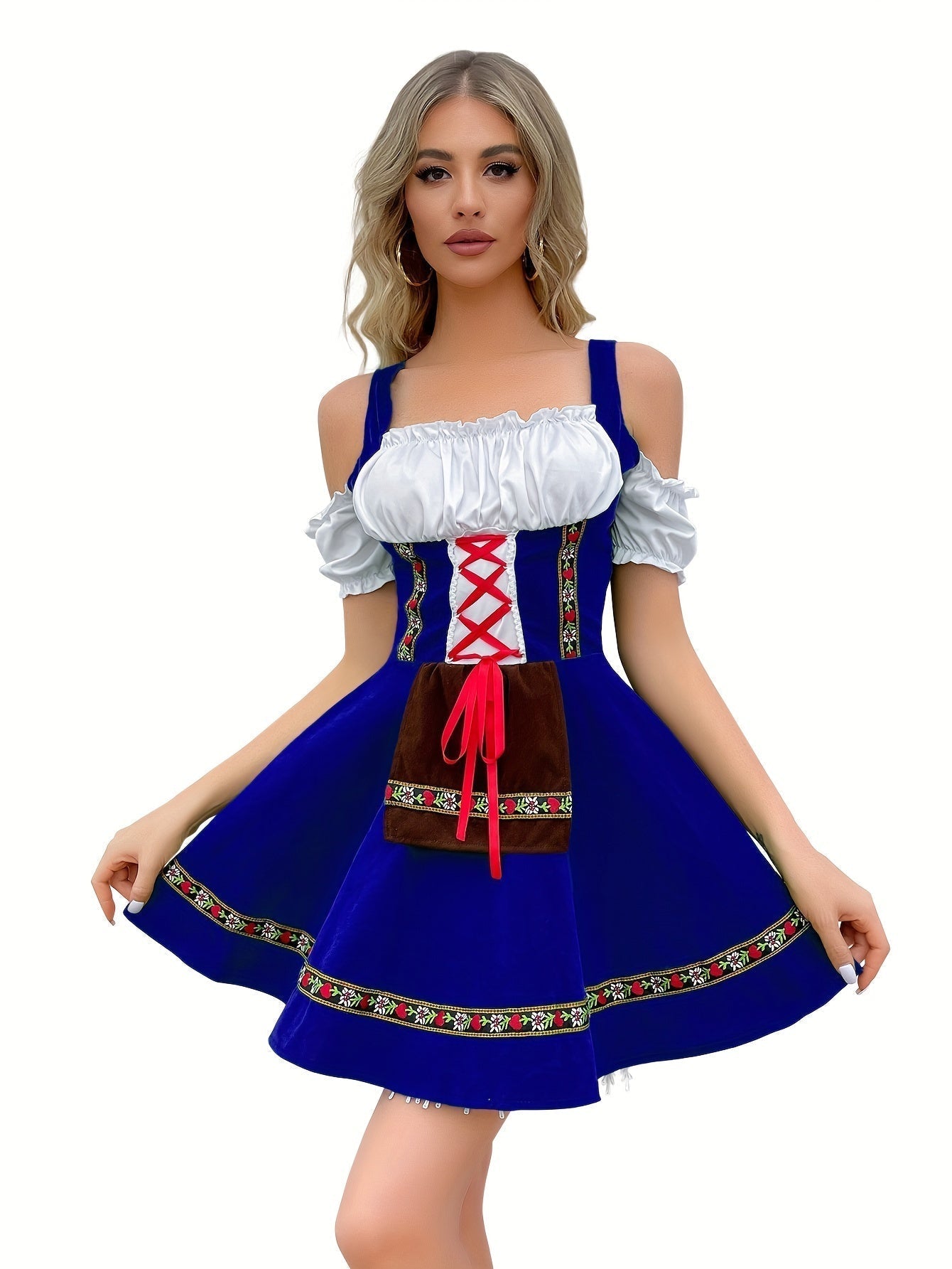 Damen Schulterfrei Blau Oktoberfest Dirndl Kleid 0