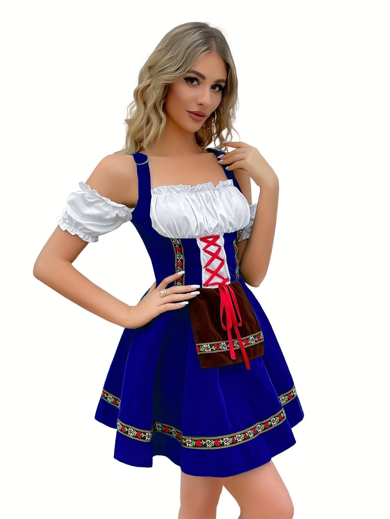 Damen Schulterfrei Blau Oktoberfest Dirndl Kleid 3