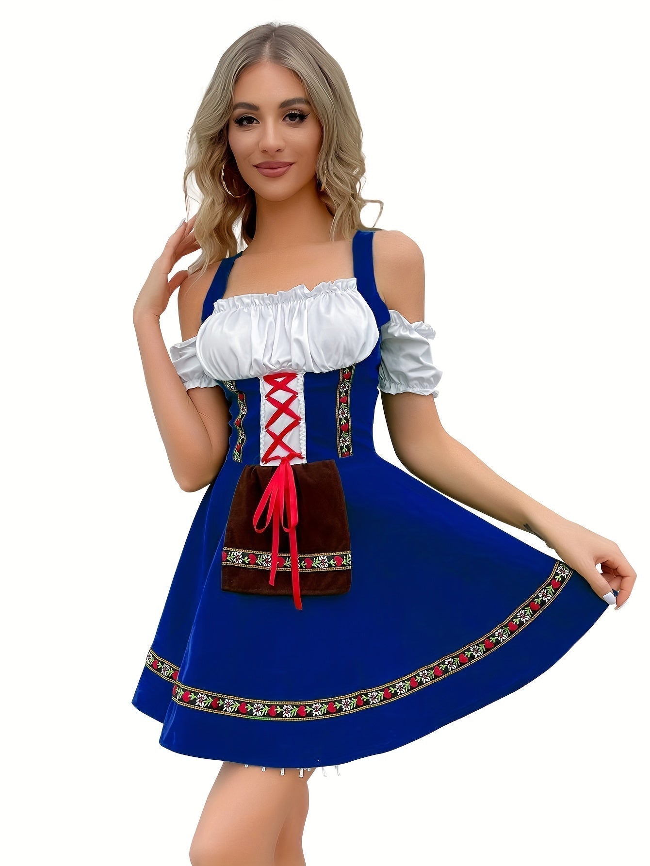 Damen Schulterfrei Blau Oktoberfest Dirndl Kleid 4