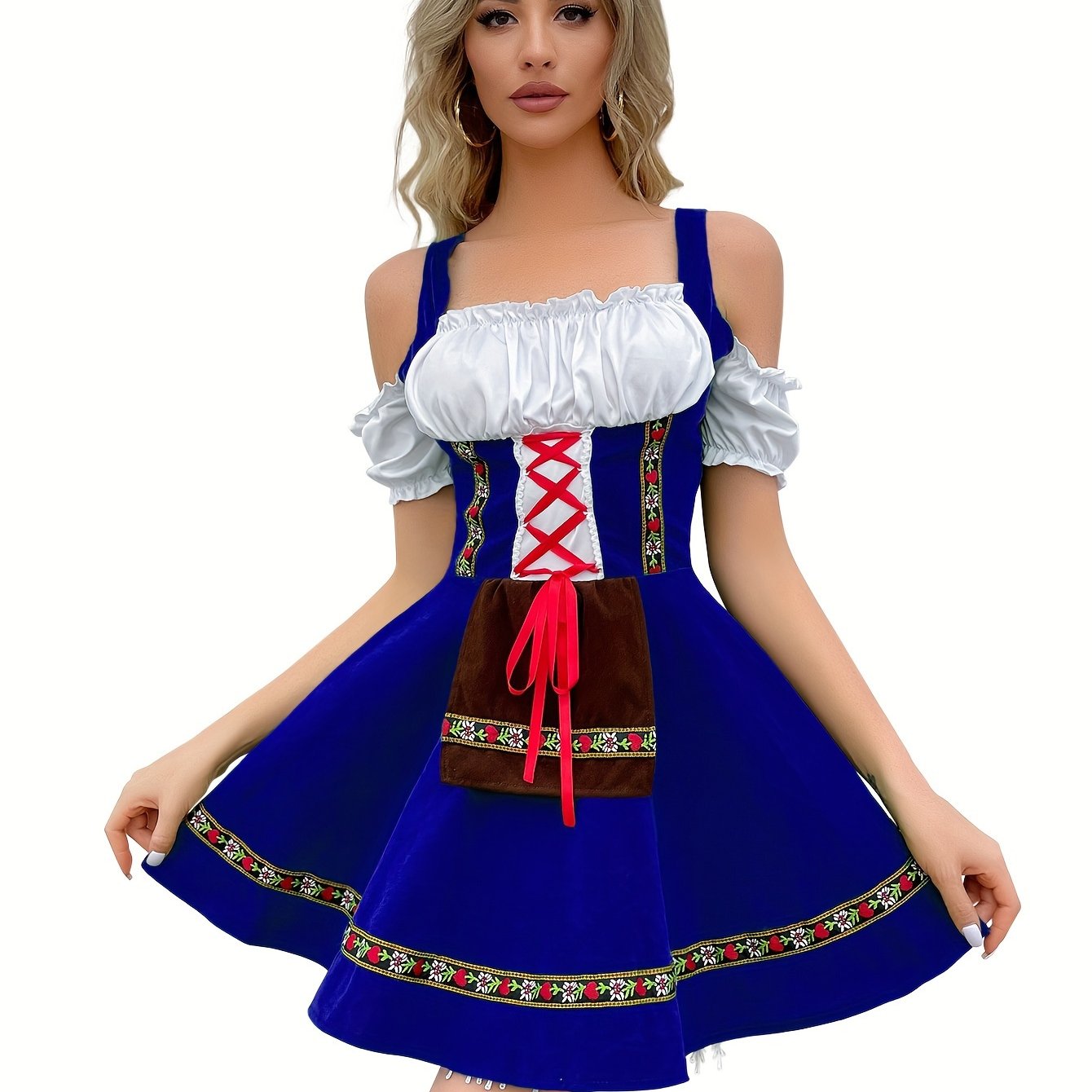 Damen Schulterfrei Blau Oktoberfest Dirndl Kleid 5