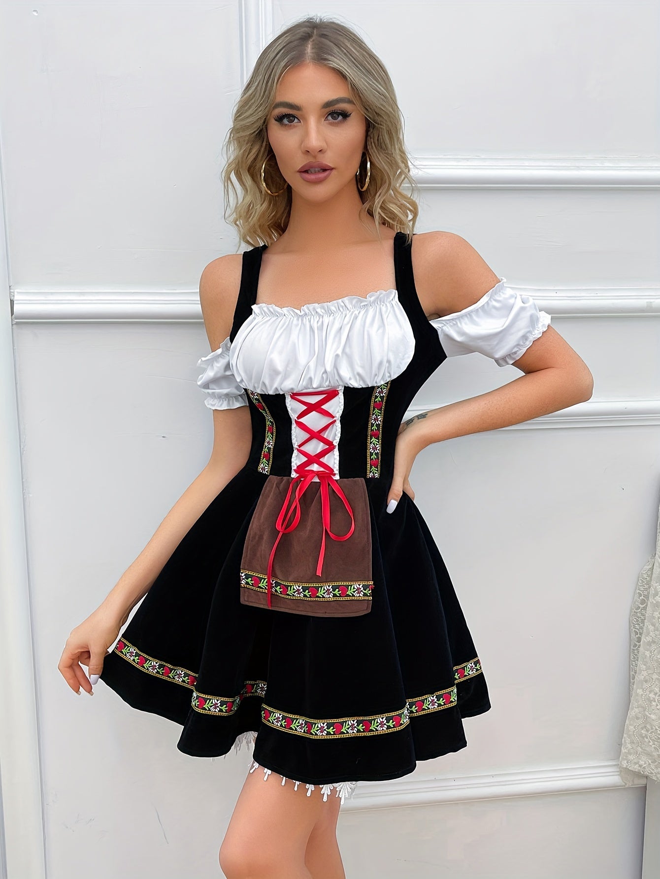 Damen Schwarz Schulterfrei Oktoberfest Dirndl Kleid 0