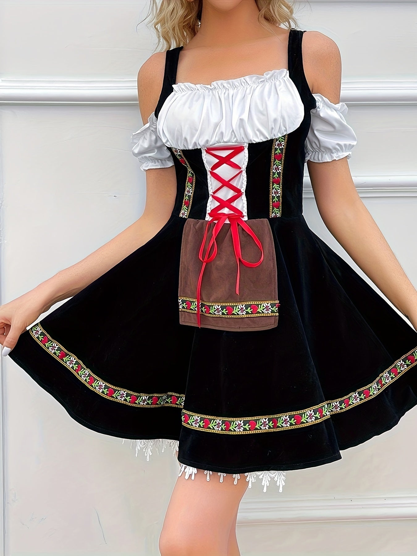 Damen Schwarz Schulterfrei Oktoberfest Dirndl Kleid 5