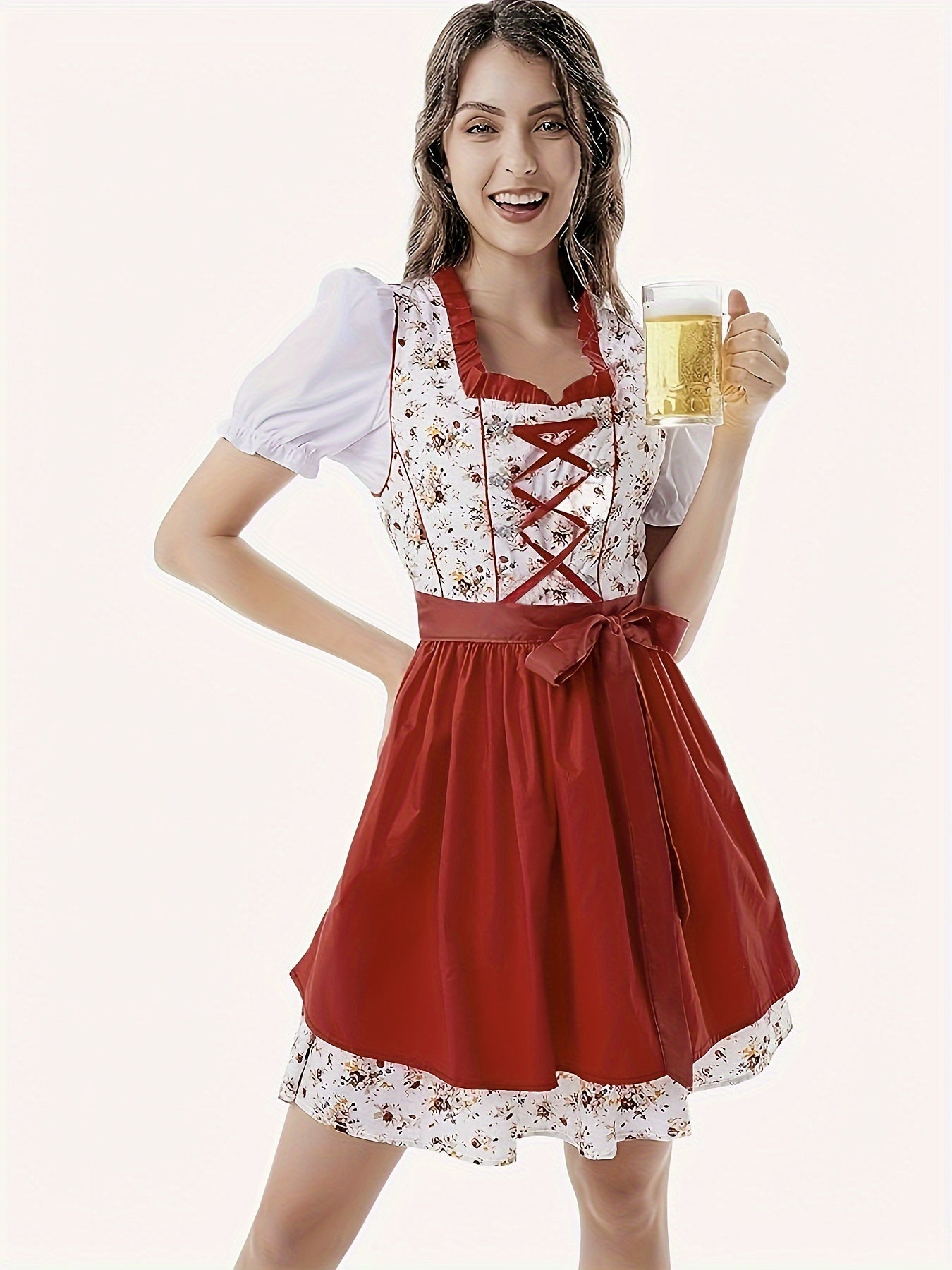 Damen Stilvolle Rot Oktoberfest Dirndl Kleid 0