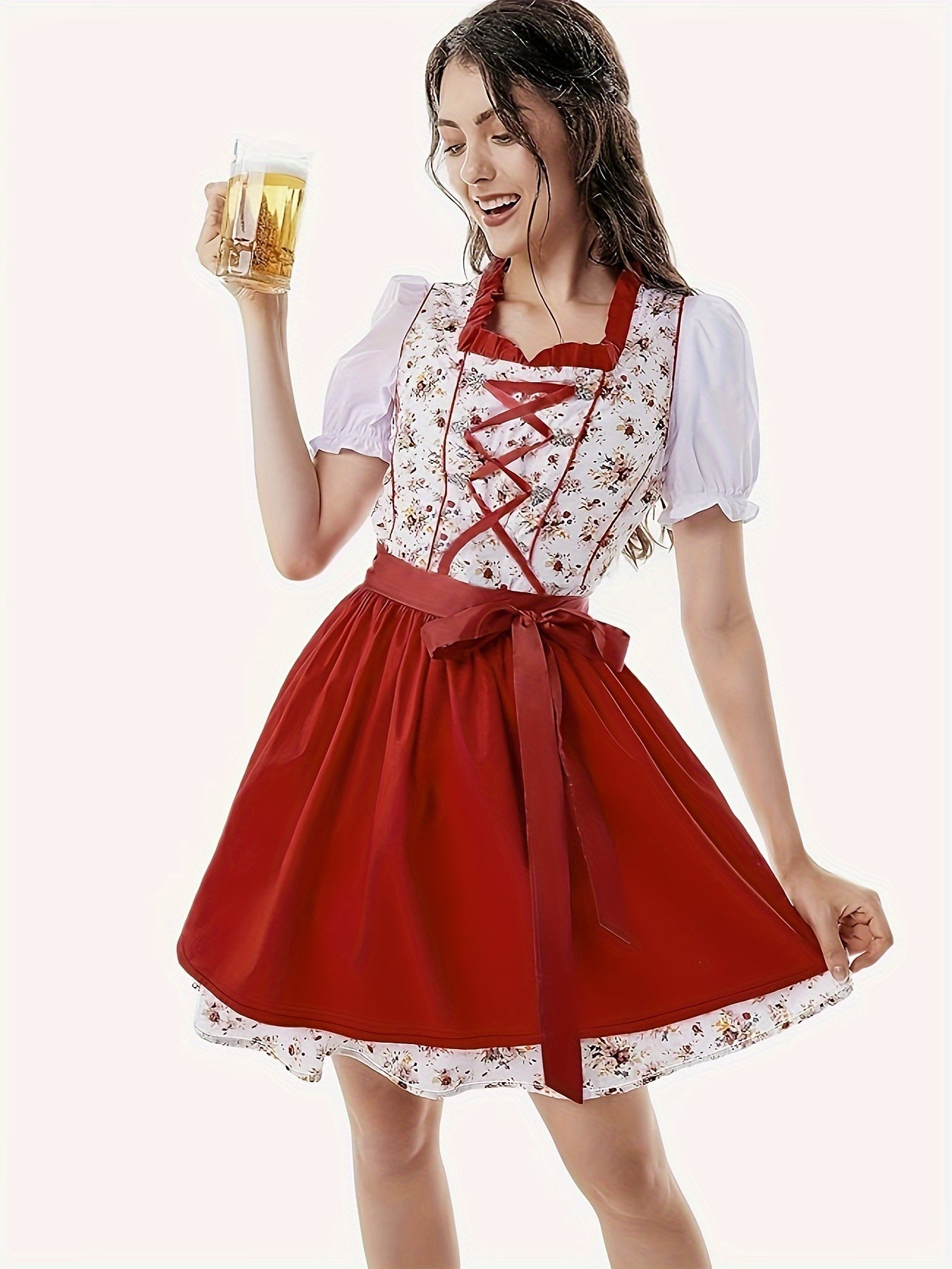 Damen Stilvolle Rot Oktoberfest Dirndl Kleid 3