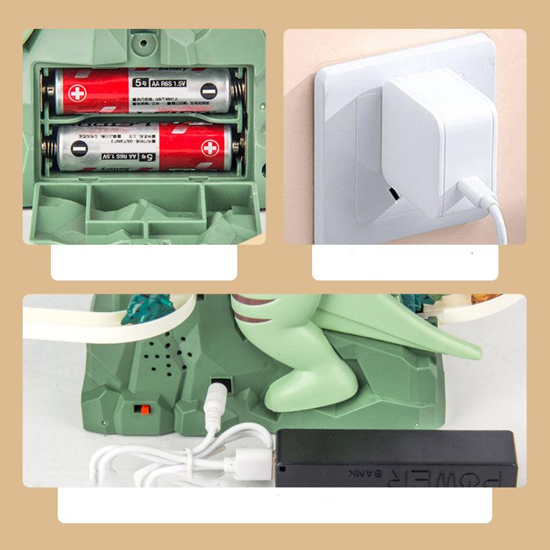 Dinosaurier-Rennbahn-Spielset – Interaktive Rennstrecke mit LED-Beleuchtung und automatischen Kletterwagen für Kinder 5