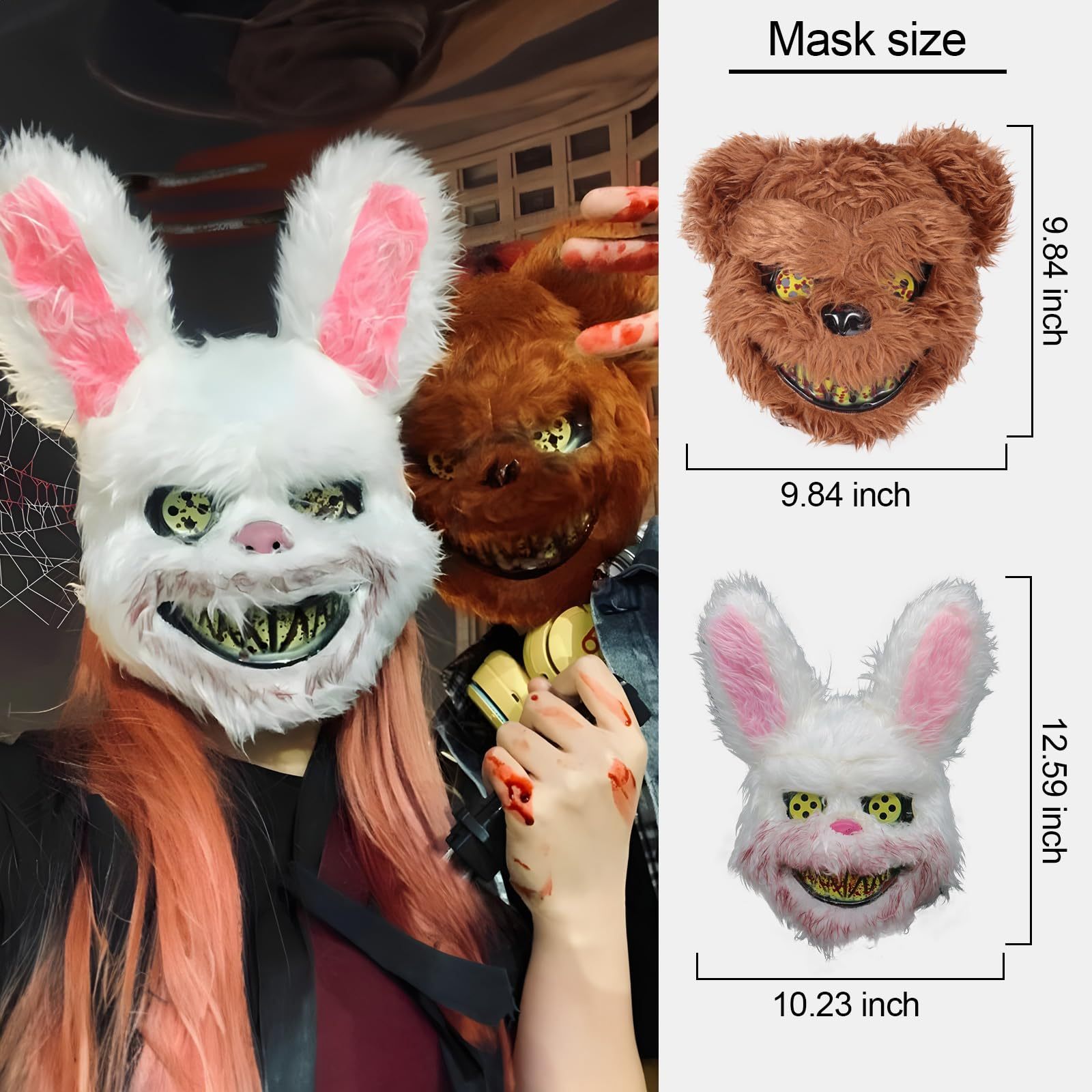 Halloween Gruselmaske Bär Kaninchen Hasenmaske, Blutige Plüschkopfmaske, Cosplay Kostüm Requisiten Halloween Party Horror Teufel Bär & Kaninchen Maske 4