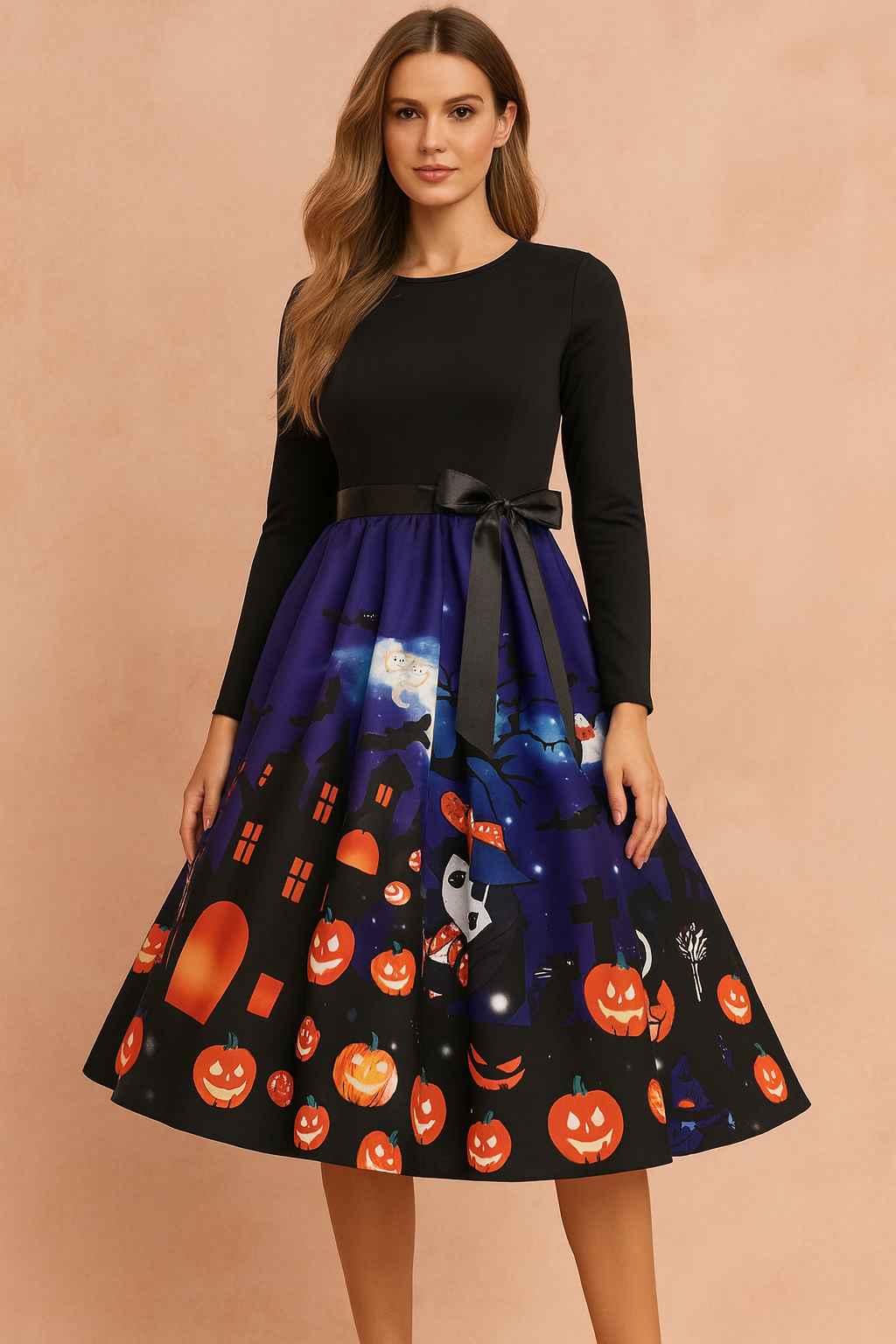 Halloweenkleid für Damen | Retro-Kürbisgeist-Kostüm 11