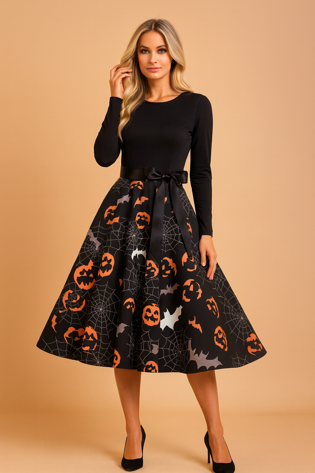 Halloweenkleid für Damen | Retro-Kürbisgeist-Kostüm 3