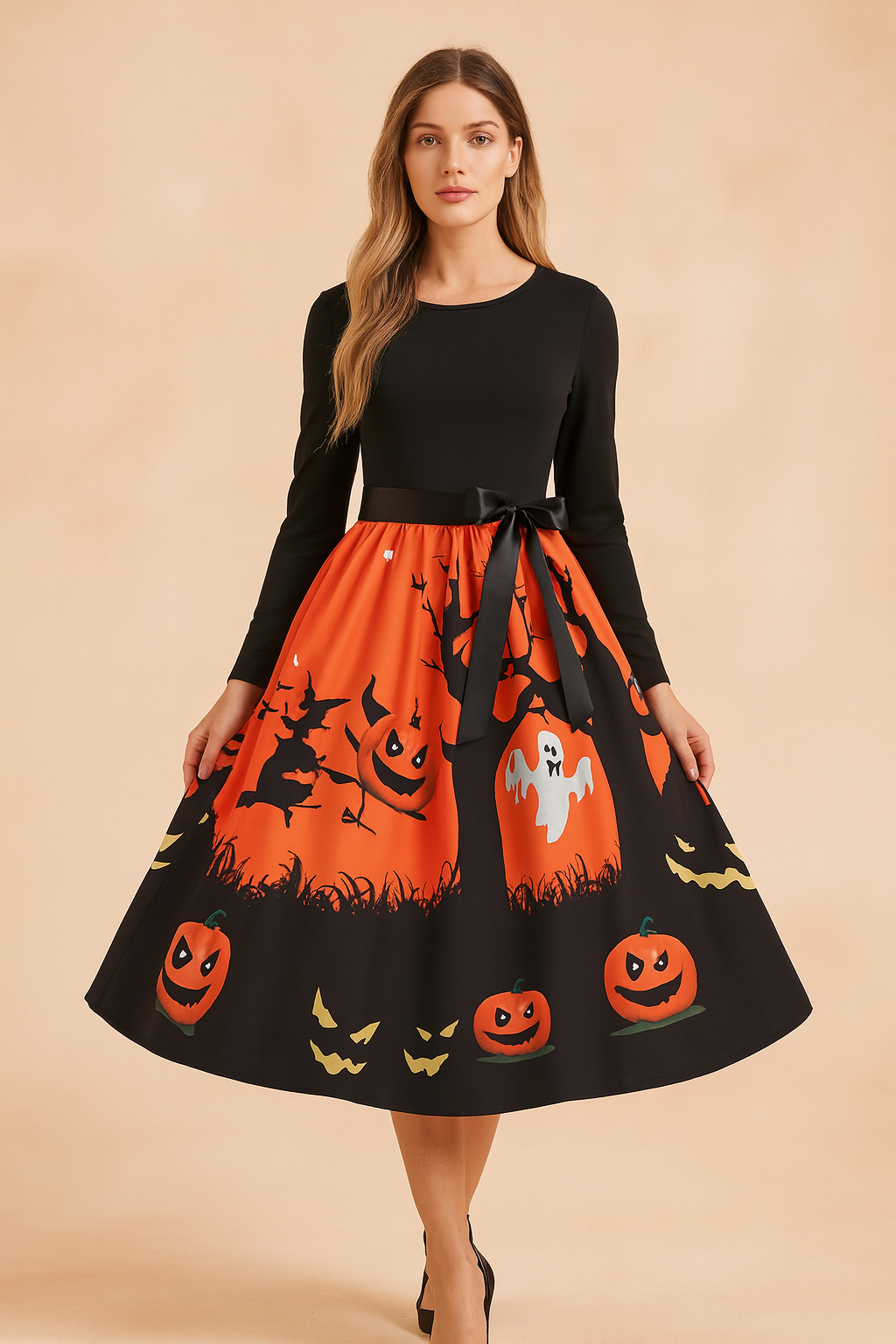 Halloweenkleid für Damen | Retro-Kürbisgeist-Kostüm 7