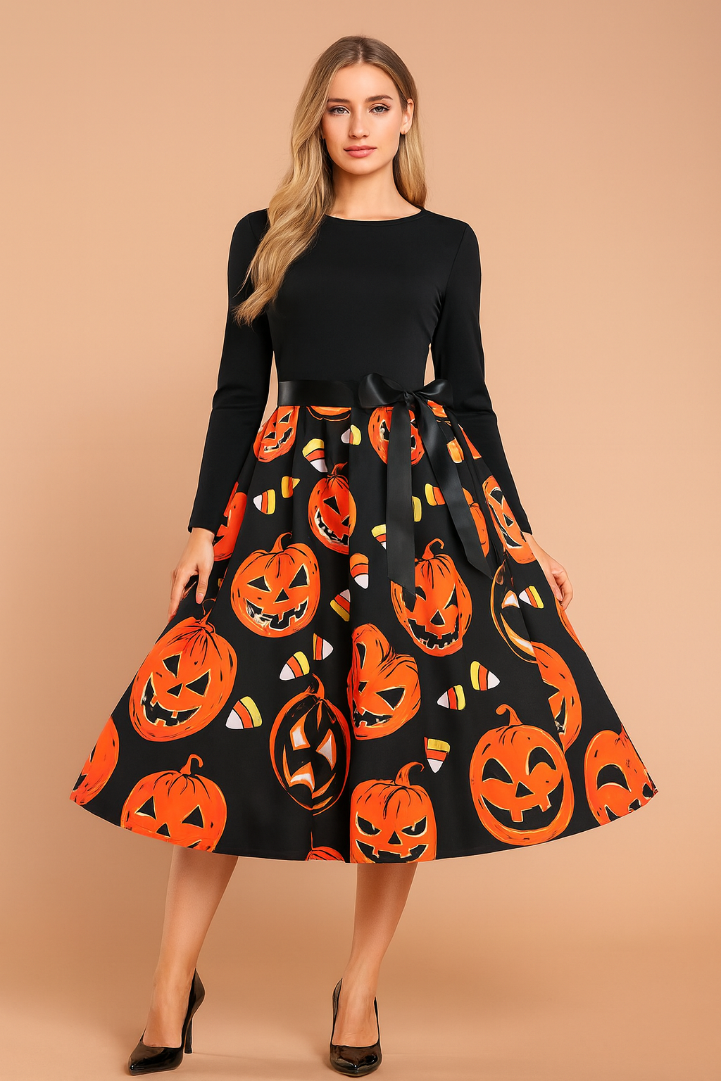 Halloweenkleid für Damen | Retro-Kürbisgeist-Kostüm 8