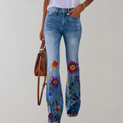 Jeans Flared dam med vackra blommönster och fjärilsmönster