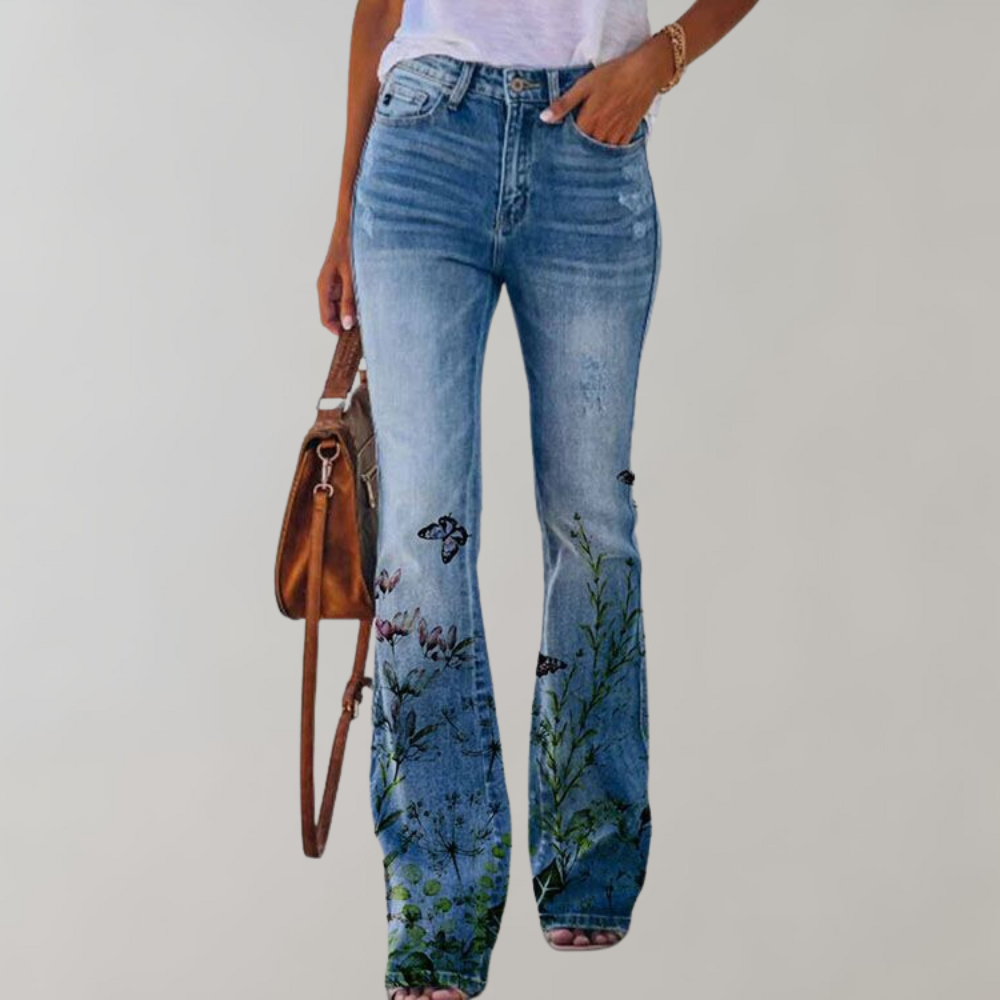 Jeans Flared dam med vackra blommönster och fjärilsmönster