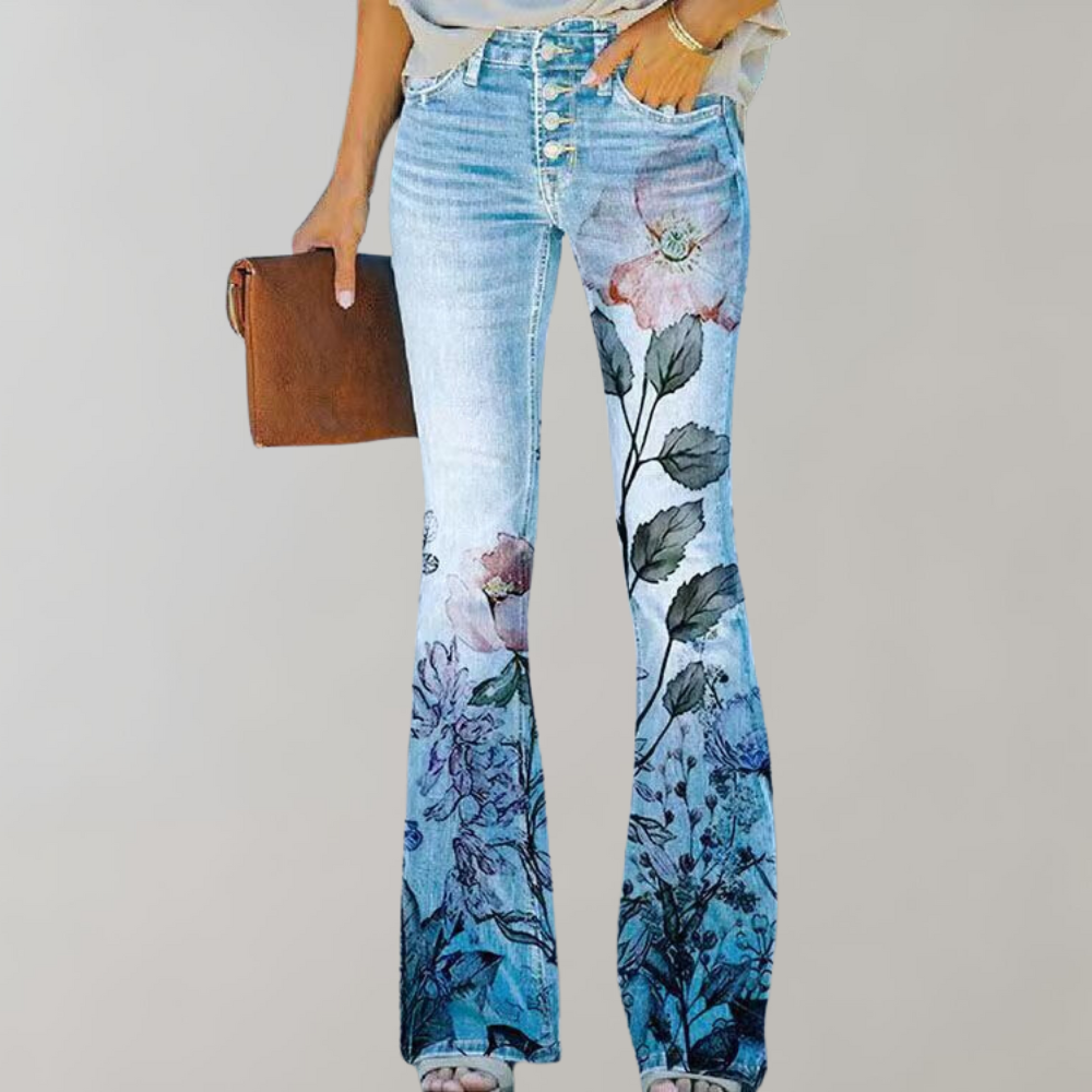 Jeans Flared dam med vackra blommönster och fjärilsmönster