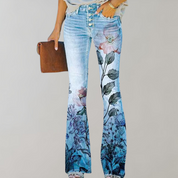 Jeans Flared dam med vackra blommönster och fjärilsmönster