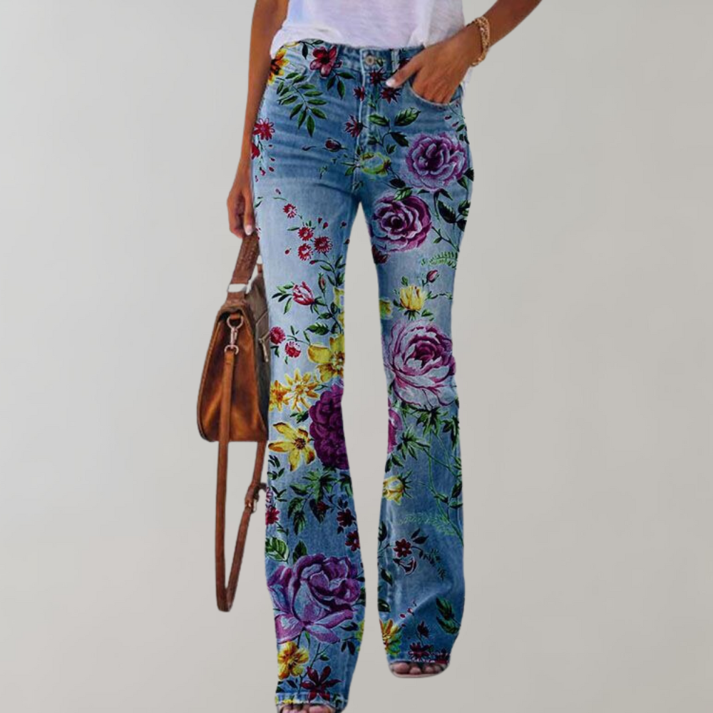Jeans Flared dam med vackra blommönster och fjärilsmönster