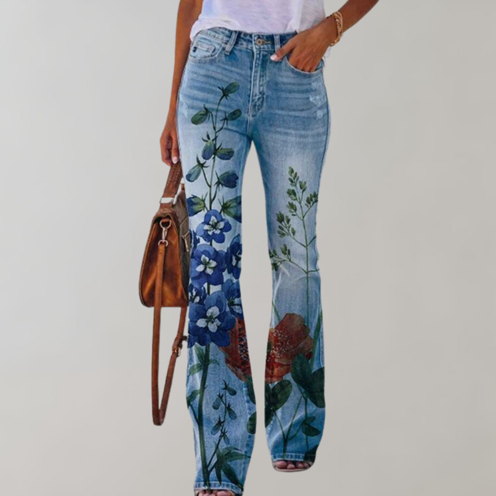 Jeans Flared dam med vackra blommönster och fjärilsmönster
