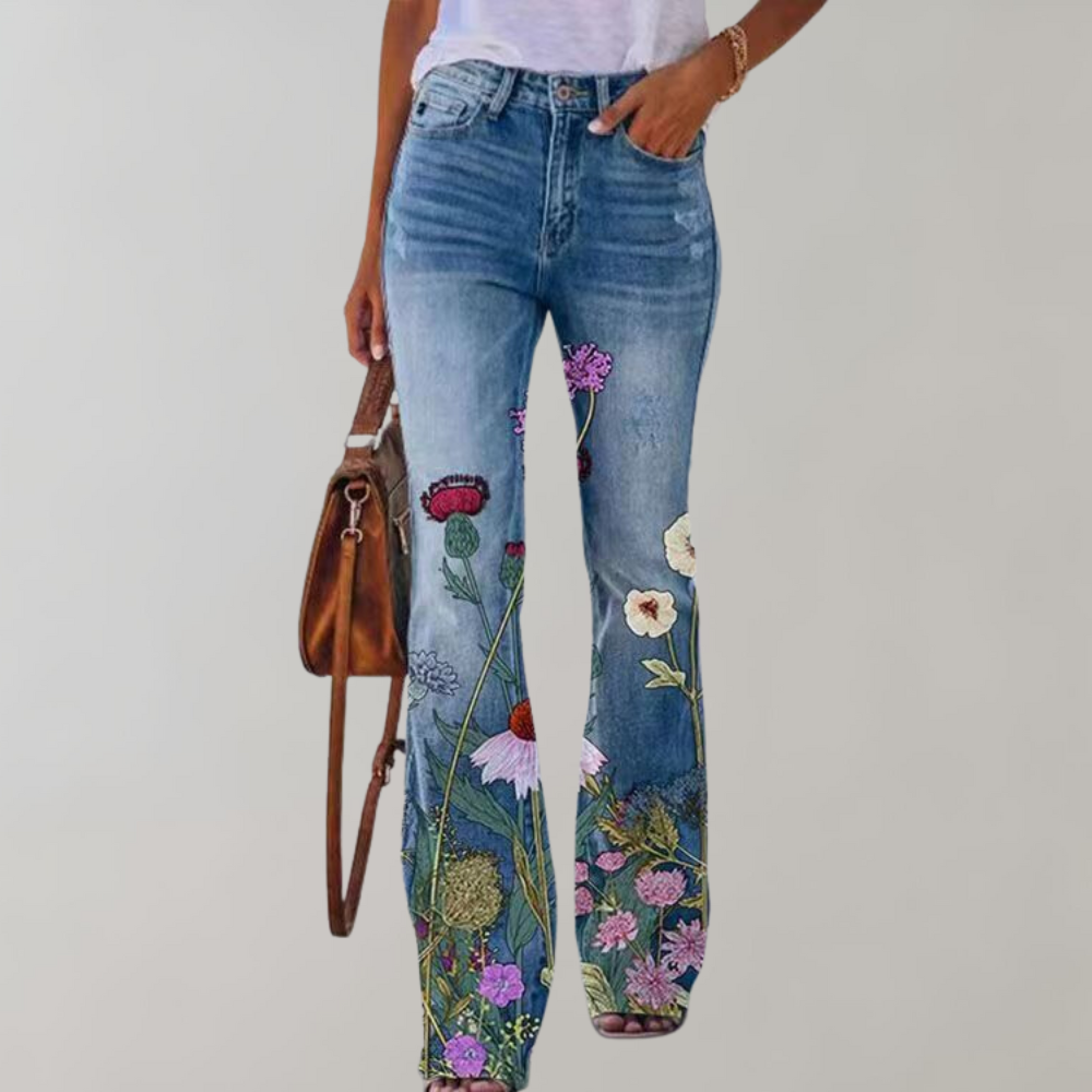Jeans Flared dam med vackra blommönster och fjärilsmönster
