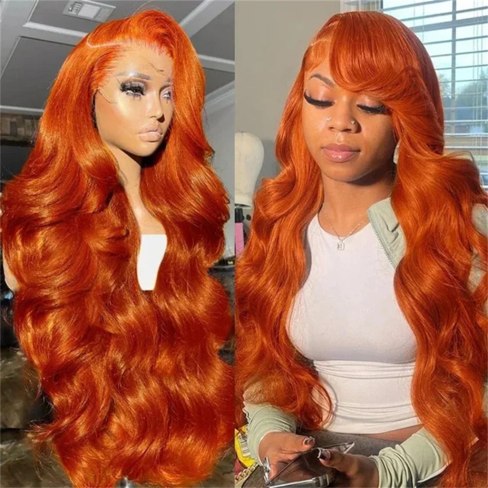 Lange, gewellte, orange-rote Lace-Front-Perücke 0