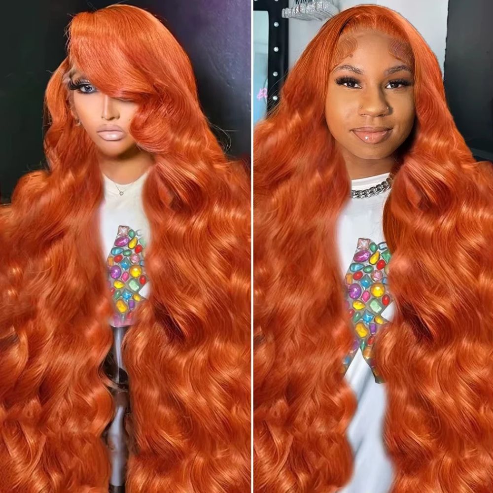 Lange, gewellte, orange-rote Lace-Front-Perücke 2