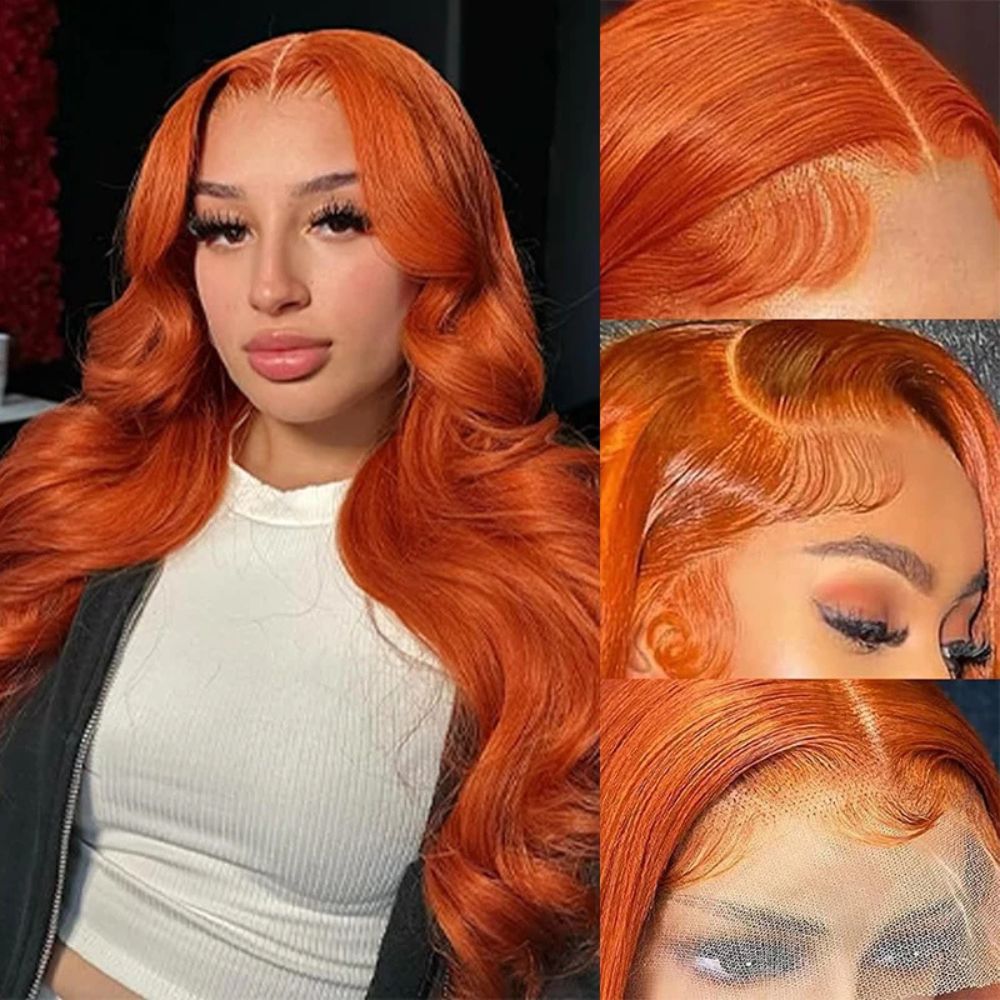 Lange, gewellte, orange-rote Lace-Front-Perücke 5
