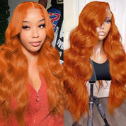 Lange, gewellte, orange-rote Lace-Front-Perücke 6