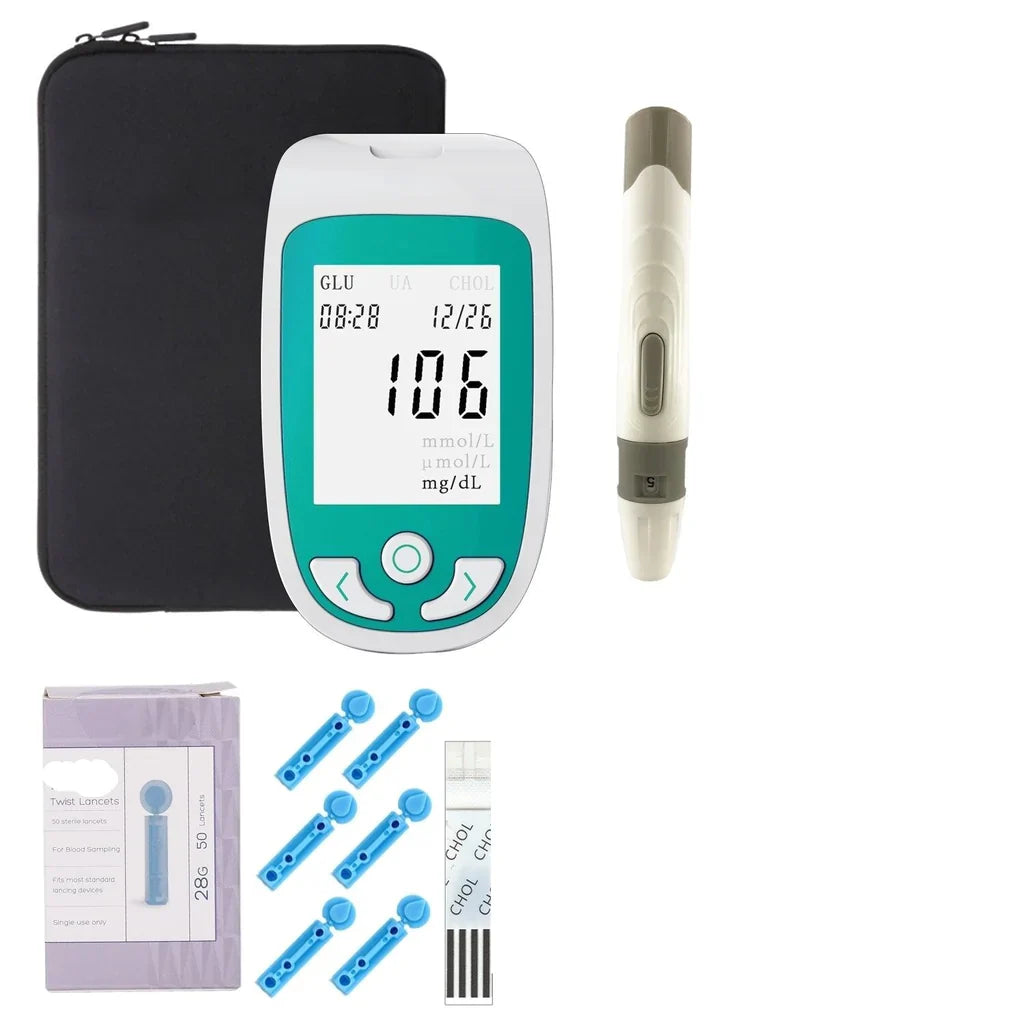 Multifunktional Analysator Home -Cholesterin -Testkit mit Lancets Harnsäure -Messglukosemessgerät 0