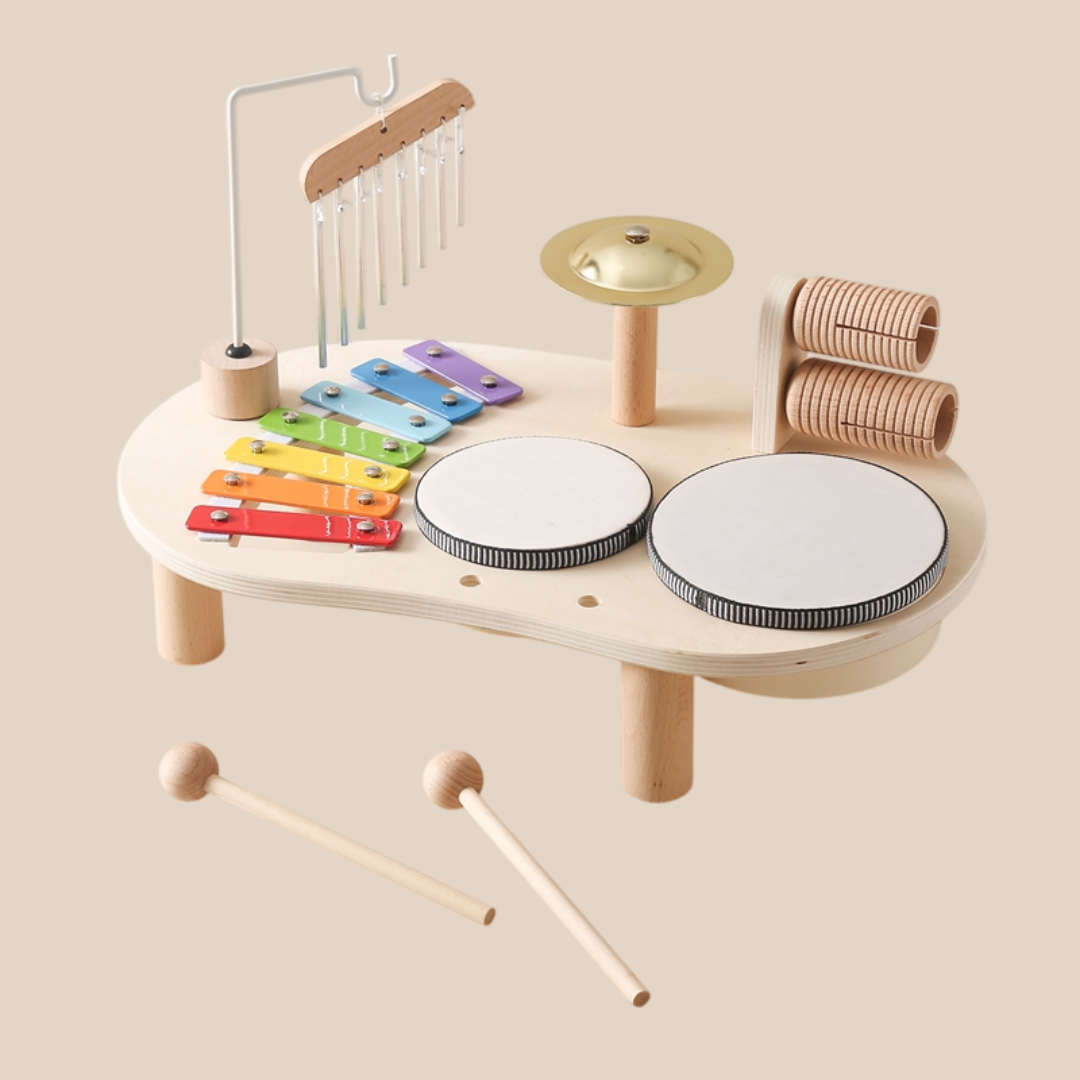 Pädagogischer Musiktisch aus Holz – Xylophon, Trommeln & Rasseln für kreatives Kinderspiel 1